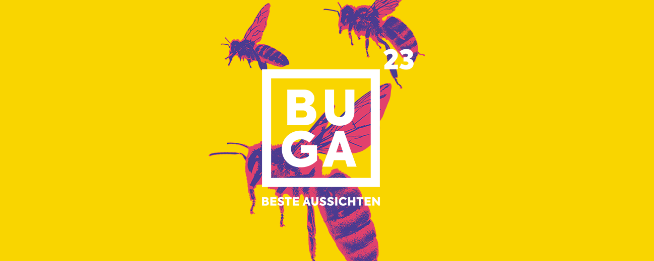 Violette Bienen auf gelber Kachel. "BUGA 23" claim im Vordergrund