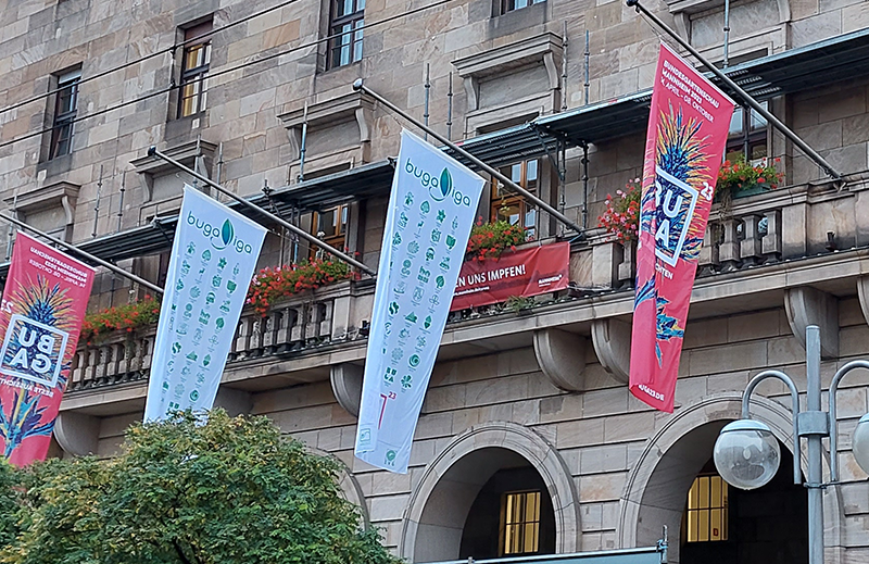 4 Flaggen der BUGA 23 hängen vom Mannheimer Rathaus