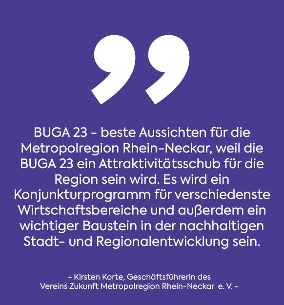 BUGA 23 - beste Aussichten für die Metropolregion Rhein Neckar, weil die BUGA 23 ein Attraktivitätsschub für die Region sein wird. Es wir ein Konjunkturprogramm für verschiedenste Wirtschaftsbereiche und außerdem ein wichtiger Baustein in der nachhaltigen Stadt- und Regionalentwicklung sein. Zitat weiß auf lila