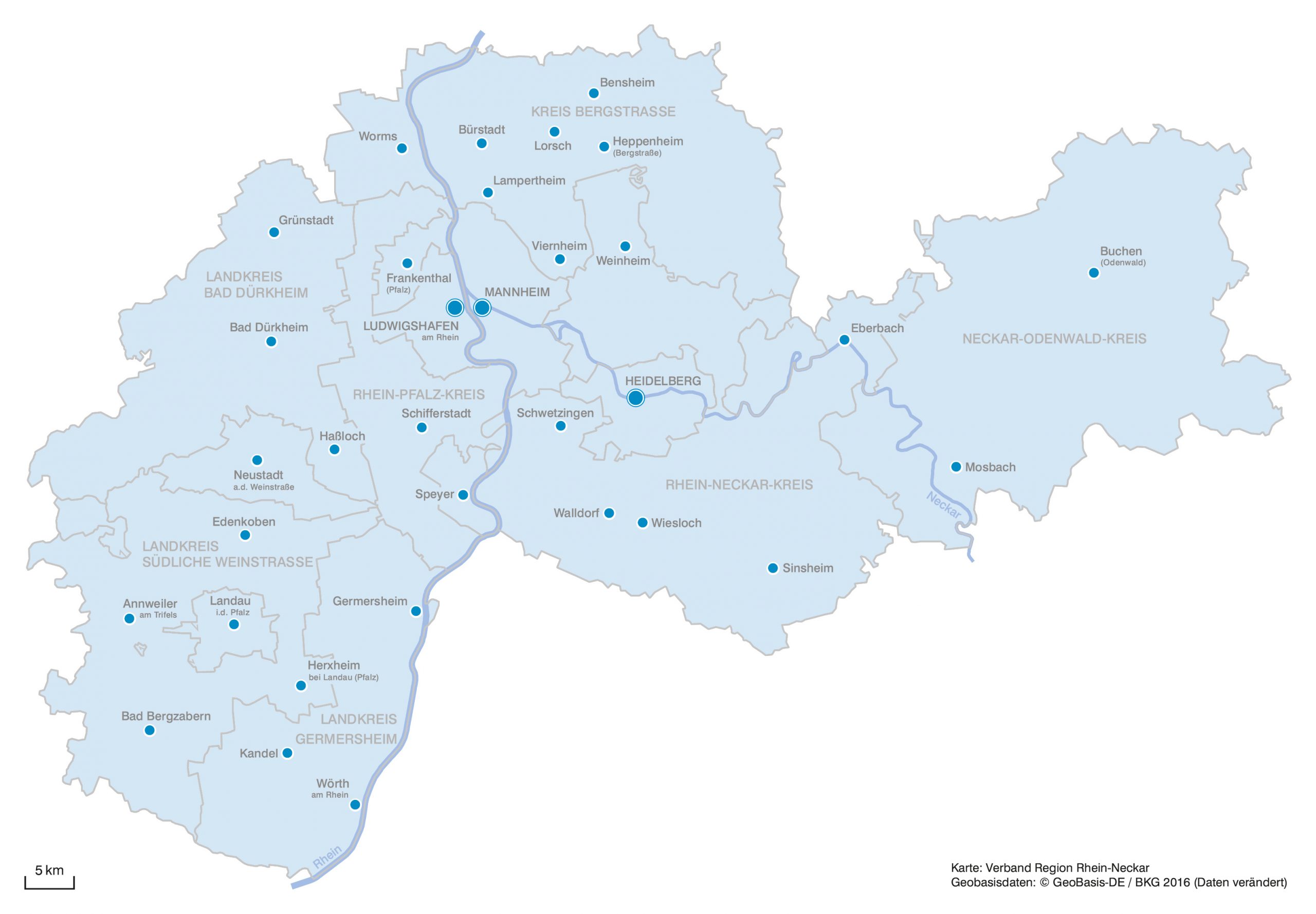 Eine blaue Karte der Metropolregion Rhein-Neckar