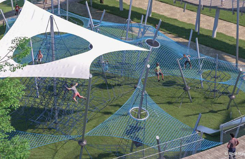 Ein Spielplatz mit weißen Sonnensegeln und blauen Netzen