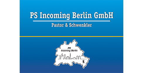 Das Logo des Reiseveranstalters PS Incoming Berlin GmbH, Weiß, auf blauem Hintergrund