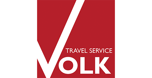 Das Logo des Reiseveranstalters Volk, Weiß, auf rotem Hintergrund