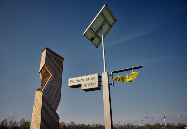 Ein Fledermausturm aus Holz mit angeschlossener Solaranlage