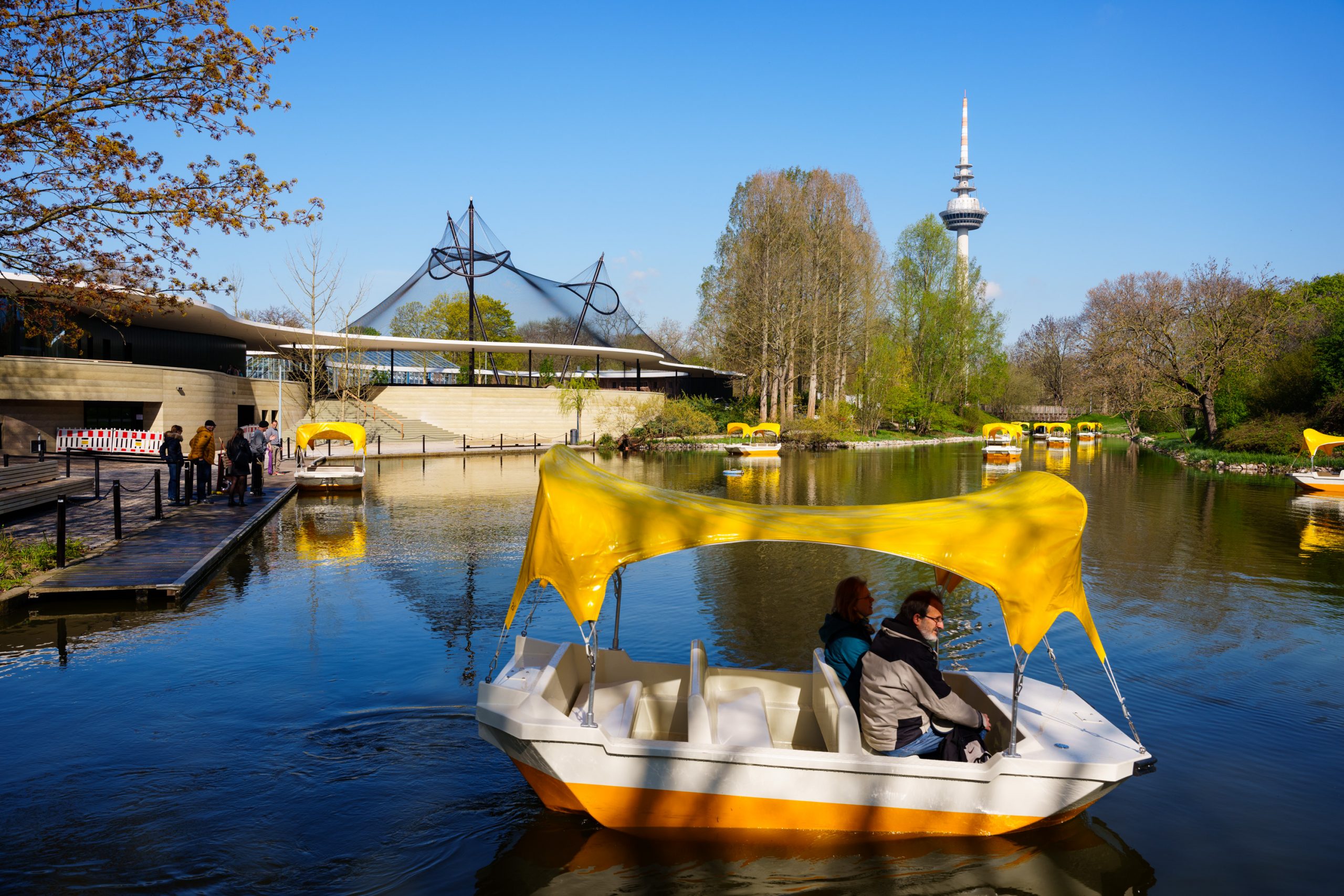 Die bekannten Gelb-Weißen Gondolettas des Luißenparks fahren auf dem Kutzerweiher. Im Hintergrund der Fernmeldeturm