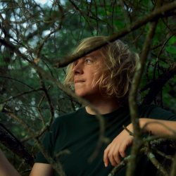 Dominik Eulberg sitzt in einem Baum (wie eine Eule)
