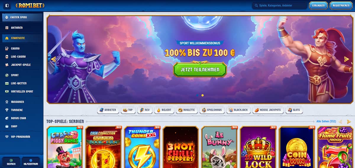 Romibet präsentiert sich als überaus vielseitige Plattform in der Welt der Online Casinos. Neben einem umfassenden Casino-Bereich erwarten dich hier integrierte Sportwetten sowie eine angenehm schnelle E-Wallet-Auszahlung im Gewinnfall.